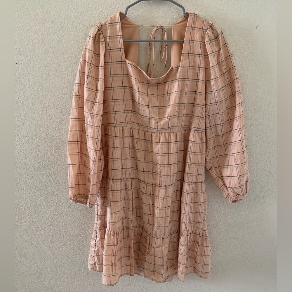 Long Sleeve Light Pink Plaid Mini Dress